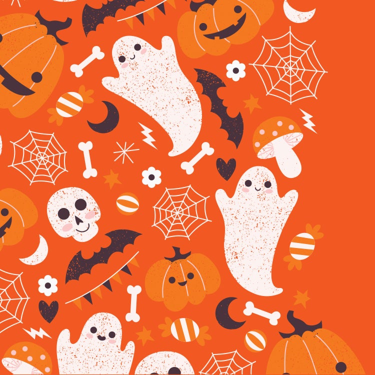 halloween illustration of cute ghosts and smiling pumpkins