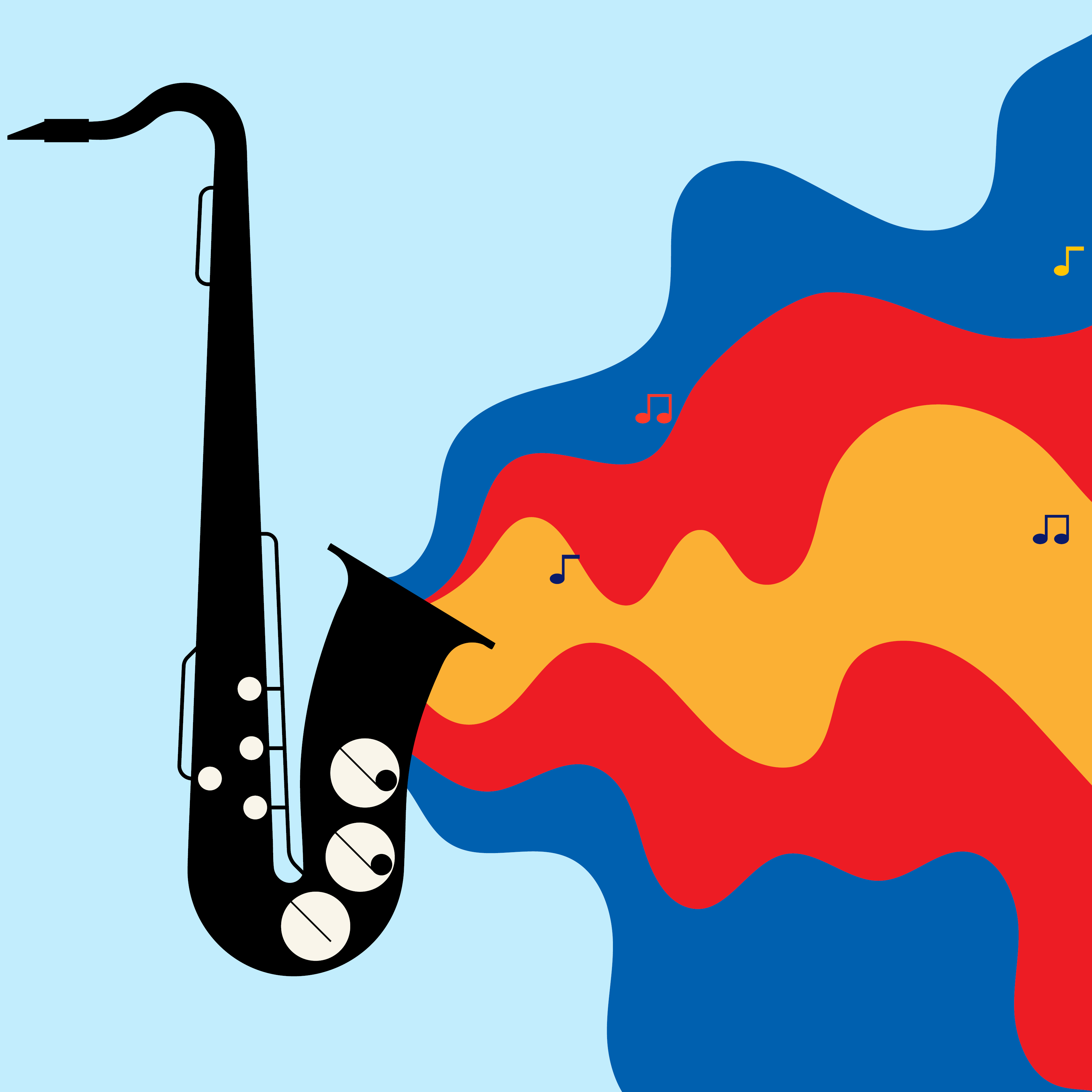 illustration of a saxophone with colorful soundwaves