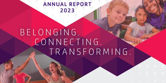 cover of 2023 ymca annual report with text belonging, connecting, transforming