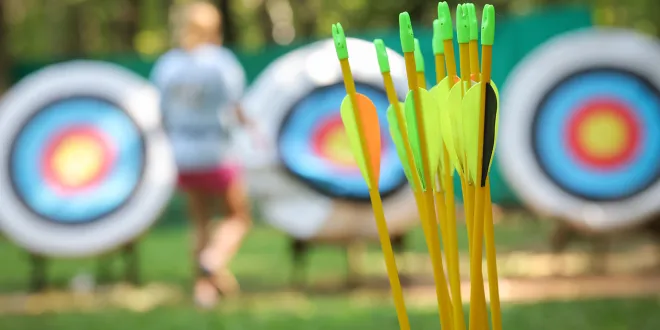 Several archery targets with arrows in the foreground