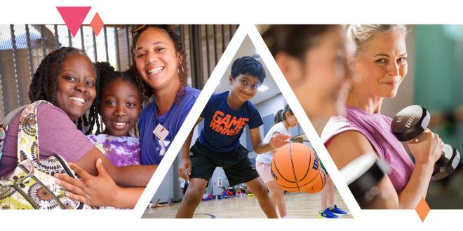 collection of images featuring family programs, youth sports and fitness