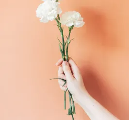 hand extending carnations