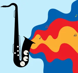 illustration of a saxophone with colorful soundwaves