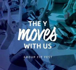 image of group fitness class with text "The Y moves with us" on top