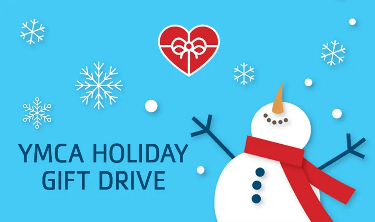 ymca holiday gift drive graphic with snowman and heart
