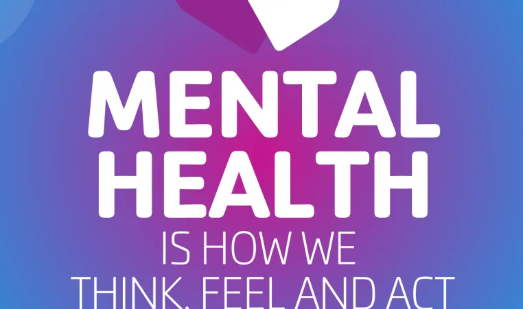 blue and purple graphic with text mental health is how we think, feel and act