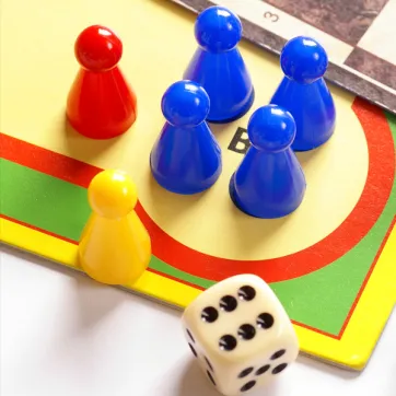 Board game pieces and dice