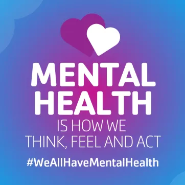 blue and purple graphic with text mental health is how we think, feel and act
