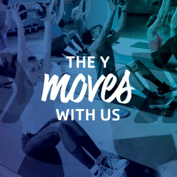 image of ymca group fitness class with text "the Y moves with us" as an overlay