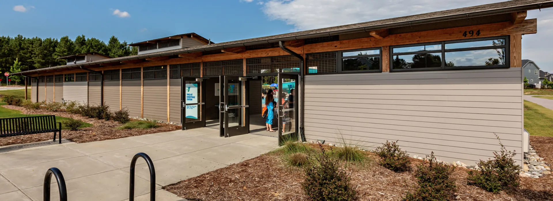 YMCA at Knightdale Station exterior entrance to outdoor pool